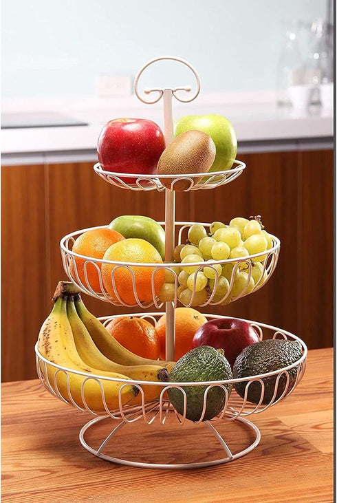 Juvale Large White 3 Tiered Fruit Basket for Kitchen Counter, Metal Stand for Fresh Produce and Vegetables (18 In)