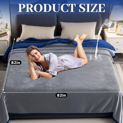 80" 60", 3-Layer Tisancy Love Waterproof Bed Blanket - Twin Size, x Navy Blue & Gray, Flannel with Storage Bag
