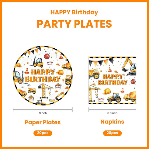 Xjoviative 40PCS Set 20 Construction Happy Birthday Paper Plates and Napkins Party Supplies, Disposable Construction