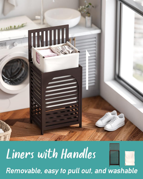 Laundry Hamper with Lid - 22.5 Gallon (85L) Bamboo Wood Clothes Basket with Lid and Handles, Brown
