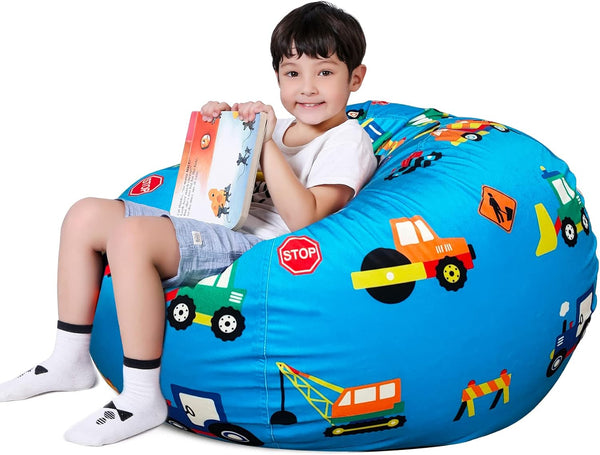Lukeight Stuffed Animal Storage Bean Bag Chair Cover for Kids, XX-Large Construction Zipper Cover for Organizing Plush