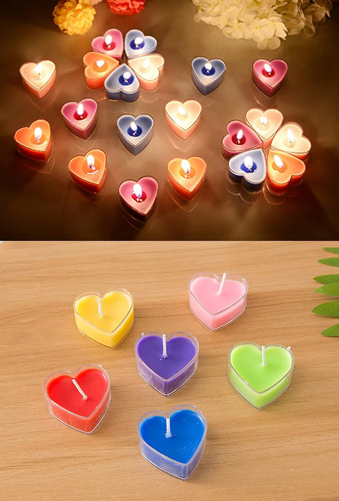 Heart-Shaped Tealight Candles, 12PCS Multicolor Love Romantic Unscented Candle with 100PCS Silk Rose Petals for