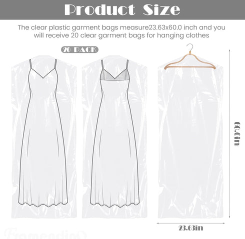 Framendino 20 Pack 23.63" X 60" Disposable Dry Cleaning Plastic Bags for Hanging Clothes