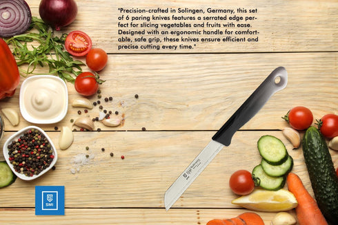 SMI 6 Pcs Paring Knife Set, Serrated Solingen Germany Vegetable and Fruit Kitchen Knives, Multi Color