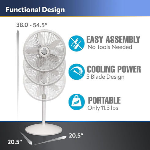 Lasko Oscillating Pedestal Fan, 18", Adjustable Height, 3 Speeds, for Home Office and College Dorm