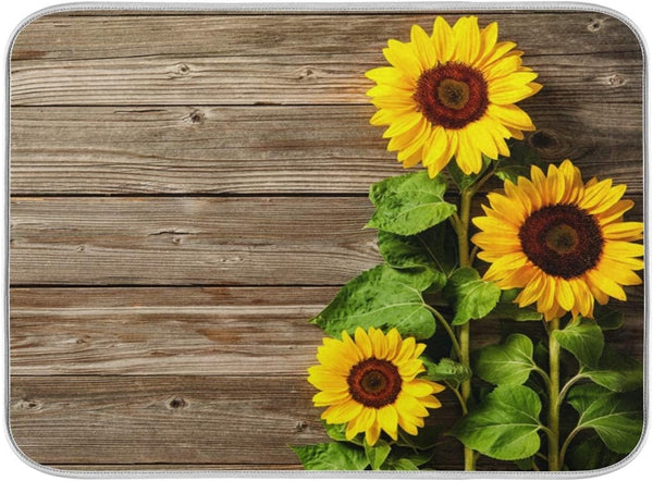 Summer Sunflower Dish Drying Mat, 16x18 Inch Super Absorbent Pad for Kitchen Counter Decor, Baby Bottle Drainer Rack