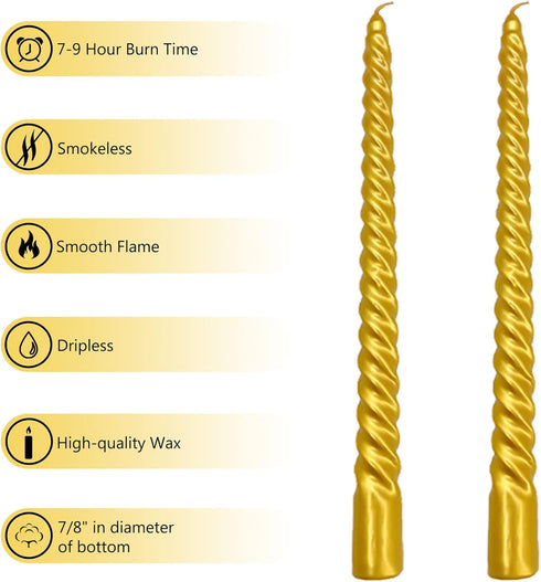 Twisted Candlesticks Golden Taper Candle - 10 Inch Gold Tapered Candles, Dripless Twist Candle Sticks for Home