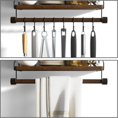 Alsonerbay Floating Shelf Wall-Mounted, Coffee Bar Shelf with Hooks and Towel Bar, Kitchen Shelves for Organizing