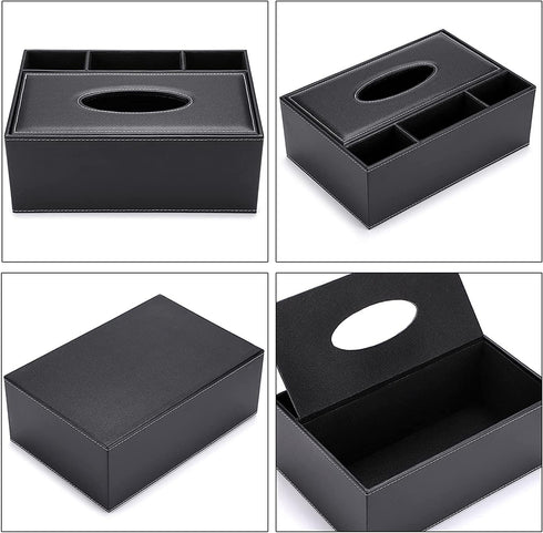 PU Leather Tissue Box Cover, Multifunctional Holder for Stationery and Remote Control, Stylish Desktop Organizer (Black)