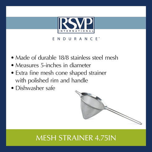 RSVP International Endurance Kitchen Collection, 4.75-Inch Stainless Steel Fine Mesh Sieve/Colander
