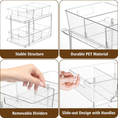 Pull-out Home Organizer, 2 Pack 2 Tier Clear Bathroom Organizer with Dividers, Multipurpose Vanity Counter Tray