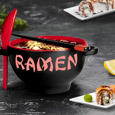Ramen Bowl Set with Chopsticks and Spoon, 18 Ounce Red Microwavable Ceramic Ramen Bowl Set for Noodles and Pho