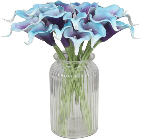 Duovlo 20pcs Calla Lily Artificial Flower Wedding Bouquet (Purple in Blue) | Real Touch Home Party Decor