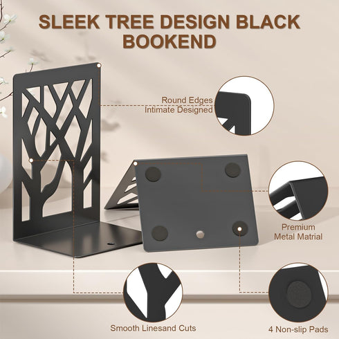 4-Piece VFINE Modern Metal Bookends for Shelves, Black Tree Book Ends for Books, Decorative Book Organizer for Desk