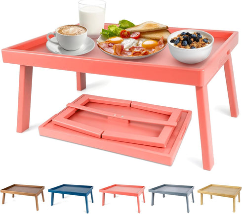 Bamboo Bed Table Tray with Support Bar and Foldable Legs, Breakfast Food