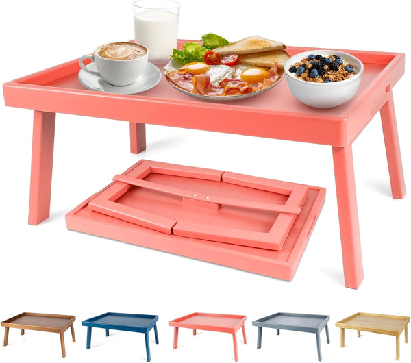 Bamboo Bed Table Tray with Support Bar and Foldable Legs, Breakfast Food
