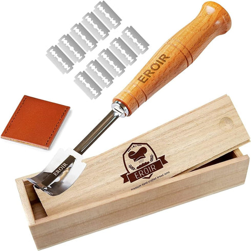Hand Crafted Bread Lame Dough Scoring Tool in Wooden Box for Sourdough Baking - Knife with 10 Extra Blades