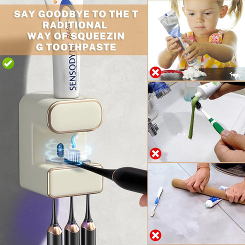 3 Automatic Electric Toothpaste Dispenser, Wall Mounted with Toothbrush Slots, for Kids and Adults (Beige)