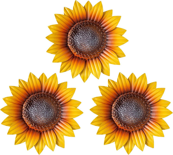 YEAHOME 9'' Sunflower Wall Decor, Set of 3 Metal Flower Art Decorations for Spring Yard Garden, Handmade Gift for Home