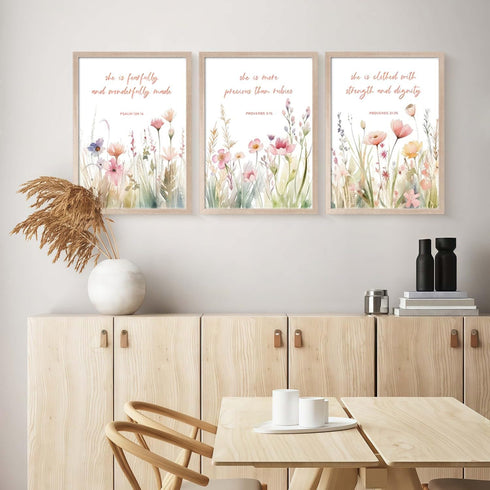 3Pcs 12x16in Christian Floral Scripture Canvas Wall Art, Wildflower Bible Verse Posters Wall Decor, Psalm Religious