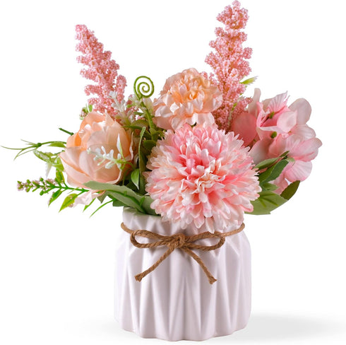 Meyerascal Artificial Potted Flowers Pink, Small Ceramic Vase Fake Flower Plants Desktop Decoration
