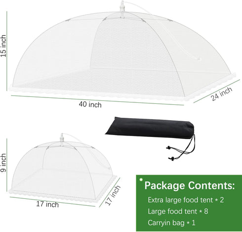 Mesh Food Covers for Outdoors: 10 Pack with 2 Extra Large 40x24 in & 8 Large 17x17 in Collapsible Picnic Nets for