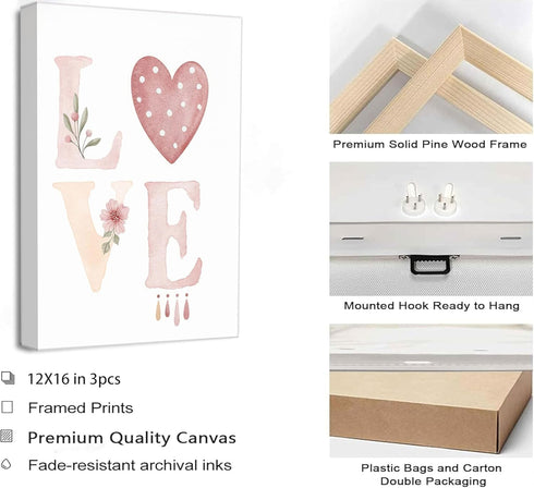 3 Pcs Nursery Canvas Wall Art Pink Sun Rainbow Hearts Posters Prints Boho Kids Room Pictures Wall Decor for Toddlers