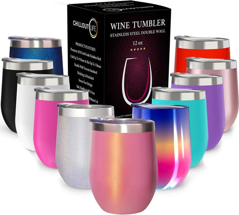 CHILLOUT LIFE 12 oz Stainless Steel Tumbler - Vacuum Insulated Travel Cup with Lid & Gift Box, Pink Sparkle