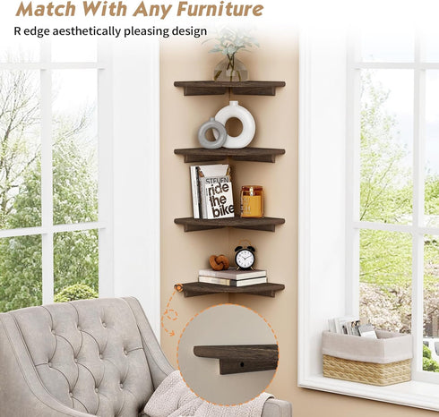 Set 4, Forbena Floating Corner Shelves for Wall of Small Corner Bookshelf for Bedroom Books, Round Wooden Corner Shelf