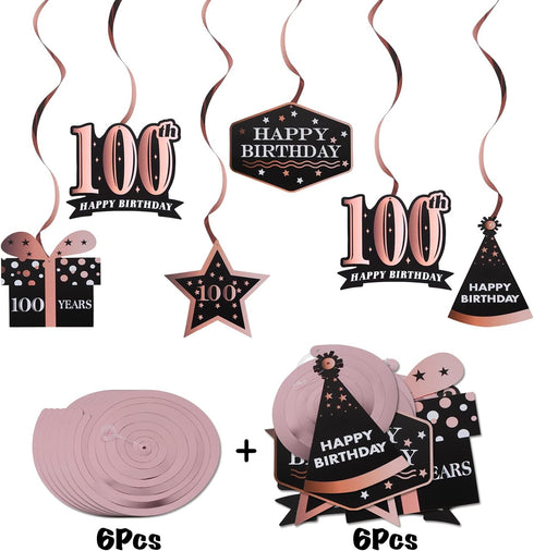 LINGTEER Happy 100th Birthday Decorations, 12 Pcs Black & Rose Gold Foil Swirls Streamer Set for 100 Years Old