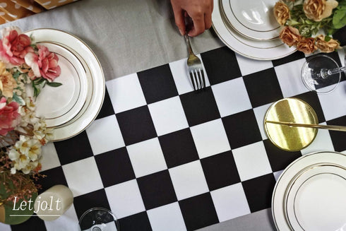 Table Runner Black and White Checkerboard Racing Theme, 12 x 72 Inches for Anniversary, Dinner Parties, and Outdoor