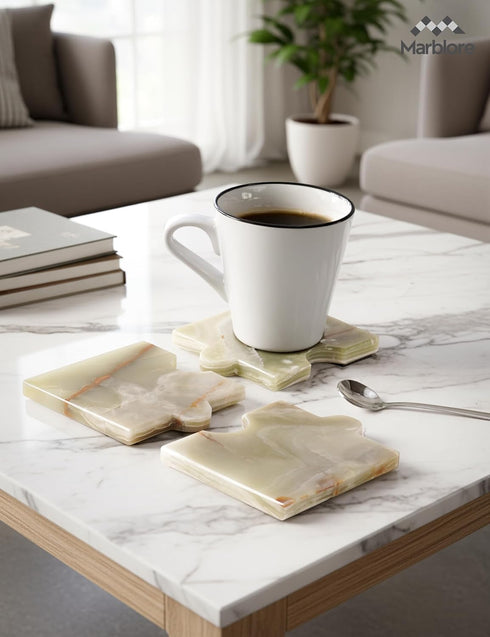 Set 4 4 Inch Handmade Marble Puzzle Coasters of Green Onyx Stone Drink Coasters, Heat Resistant Cup Coasters for Coffee