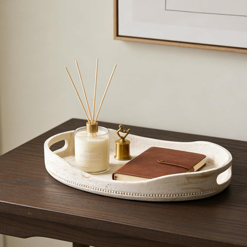 HOLOLA 14x10 inches, Countertop Natural Travertine Textures Serving Tray with Handles - Beaded Oval Decorative Tray
