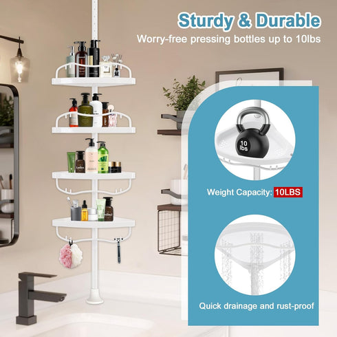 Corner Shower Caddy Tension Pole, Rustproof Organizer with 4 Adjustable Shelves for Inside Shower, 40"-120" White