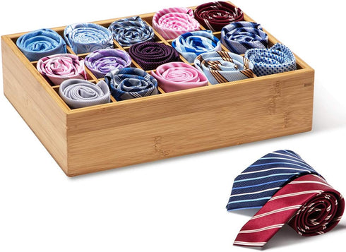 GOBAM Bamboo Closet Drawer Divider - Storage Organizer with 15 Compartments for Belts, Ties, Jewelry