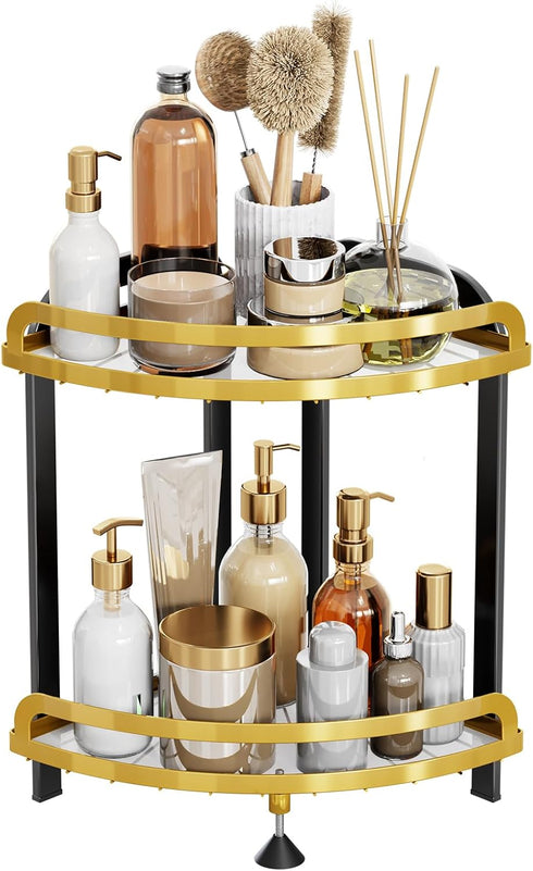 2 Countertop Counter 9''W 9''L 13.78''H Tier Bathroom Organizer XL Corner Shelf, Black Gold Bathroom Organizers, Large