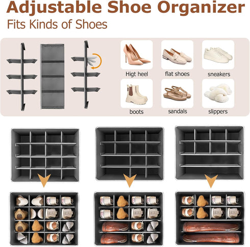 Adjustable Storage Bins for Closet, 16Pairs Wardrobe Clothes Organizer, Shoe Bin, Closet Storage Solution with Clear