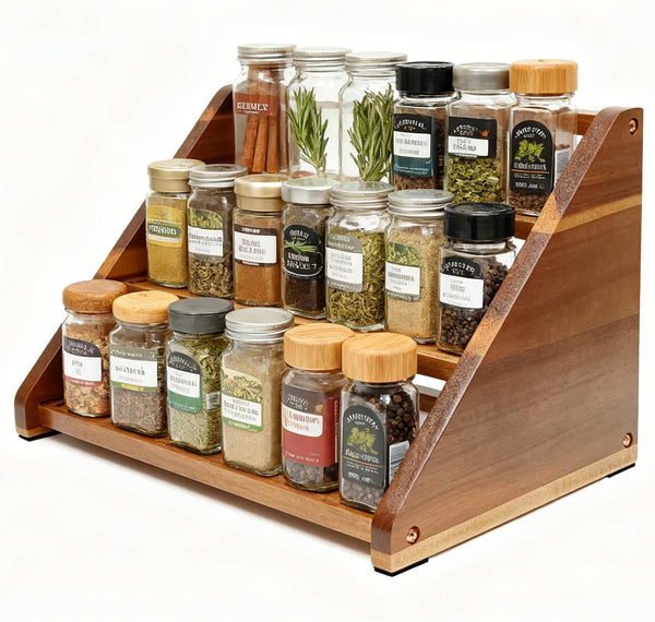 Arflo Acacia Wooden Spice Rack for Countertop - 3 Tiered Spice Rack Organizer