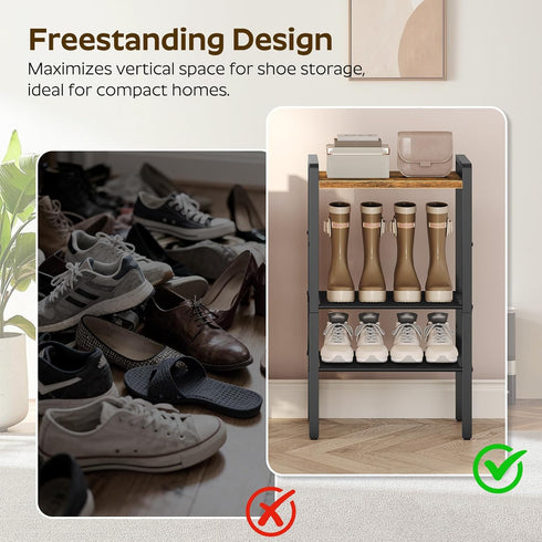 4-Tier 4-8 SS64BR YATINEY Narrow Shoe Rack, Tall Shoe Rack for Pairs, Slim Shoe Storage Organizer with Wooden Top