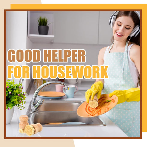Bamboo Dish Scrub Brushes Wooden Cleaning Scrubbers Set, Kitchen Dish Brush with Natural Sisal Bristles for Home