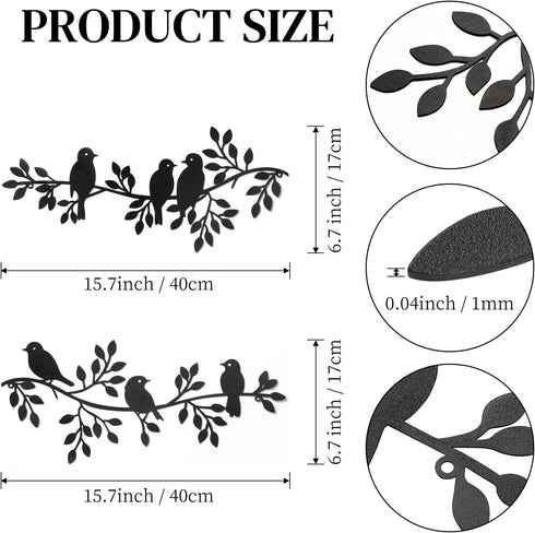 LOMOHOO Metal Birds Wall Decor Art - 6 Birds on Vine Olive Branch Iron Sculptures for Indoor Outdoor Decoration
