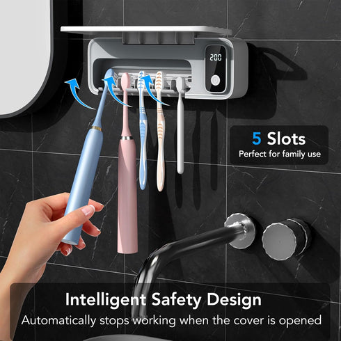 5 StarWin Toothbrush Cleaner, Slots Wall Mounted Toothbrush Holder for Bathroom, Timer Function, Cordless & No Drilling