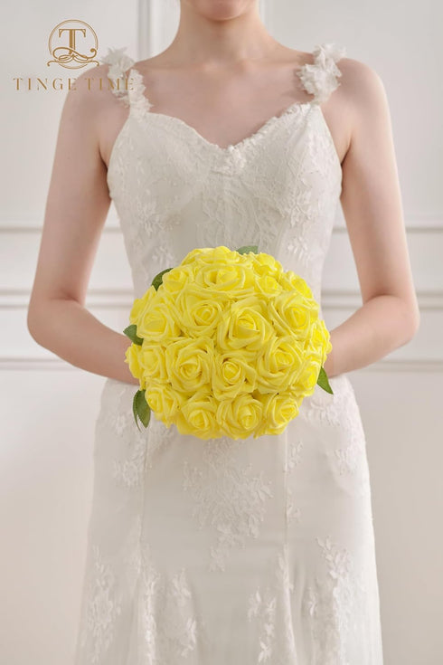 TINGE TIME Yellow Flowers Artificial Rose - 25pcs Realistic Fake Roses for DIY Wedding Bouquet, Baby Shower, Party