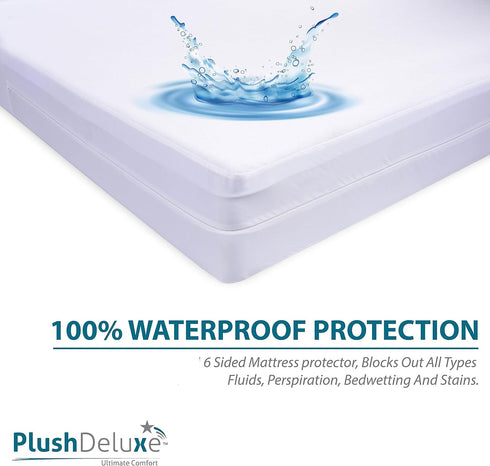 PlushDeluxe Queen Size Premium Mattress Encasement - Waterproof, Bedbug Proof, 6-Sided Protection