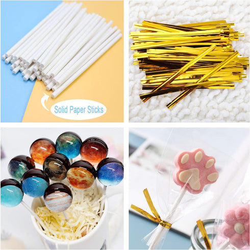 300PCS Lollipop Cake Pop Treat Bag Set with 100pcs Parcel Bags, Treat Sticks, Gold Metallic Twist Ties for Candies