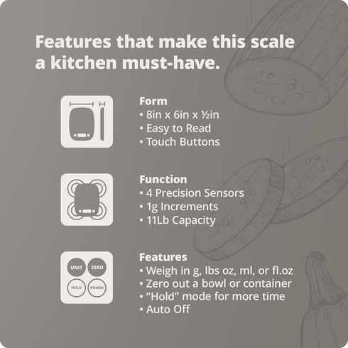Greater Goods Compact Digital Kitchen Scale – Accurate Food Scale for Baking, Meal Prep, 4 Measuring Units, 11lb/5kg