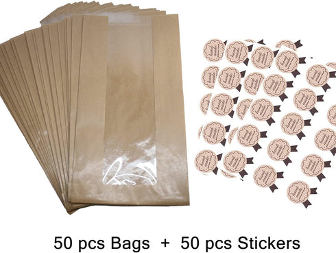 GM HOME 50 PCS Toast Paper Bag Kraft Bread Bag with Front Window Label Seal Sticker for Bakery Packaging