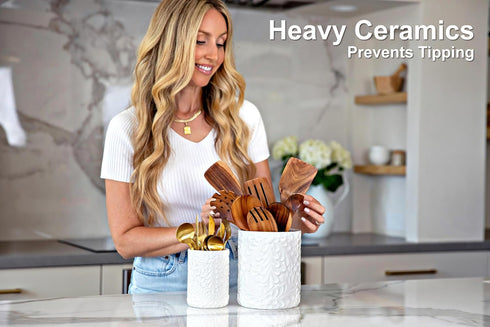 Large 7.3"+5.4" Engraved Ceramic Utensil Holder - Kitchen Counter Utensils Organizer, Set of 2, White Crock for Cooking