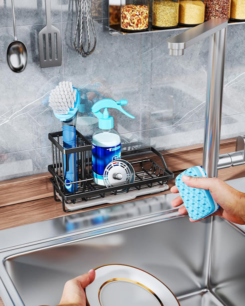Consumest Sponge Holder for Kitchen Sink - Stainless Steel Sink Caddy with Removable Drip Tray for Dish Soap Storage -