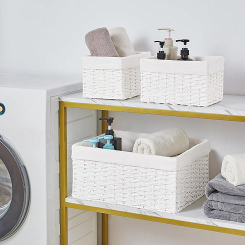 Vagusicc Set of 3 Wicker Storage Baskets, Hand-woven Decorative Rectangle Bins with Handles for Organizing, White